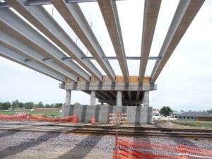 View below an overpass bridge during construction