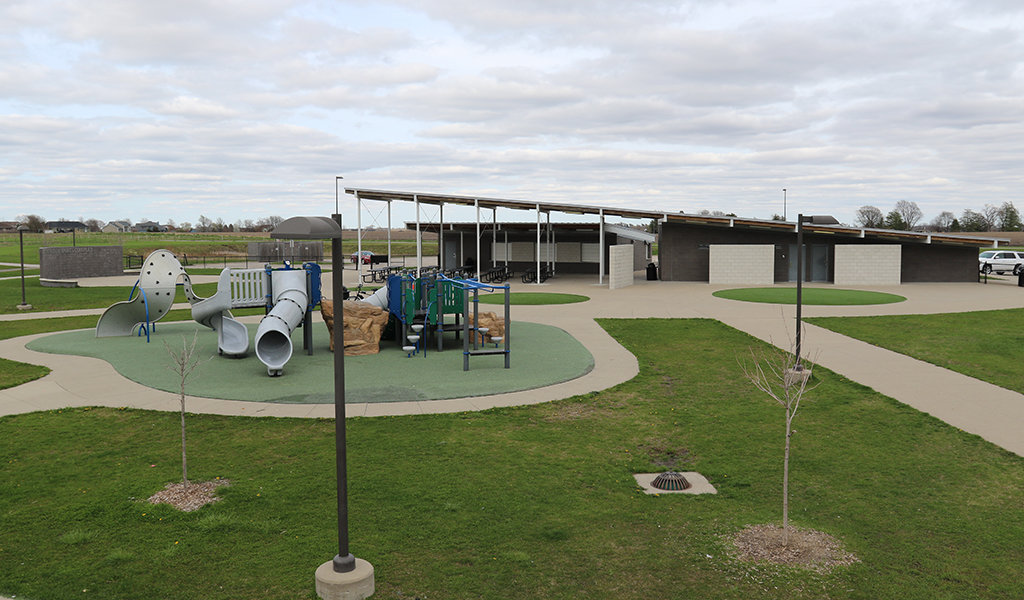 Soccer facility with playground and public restrooms