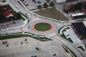 Aerial view looking northwest in Fort Dodge shows traffic moving smoothly through the 1st Avenue South and South 12th Street roundabout