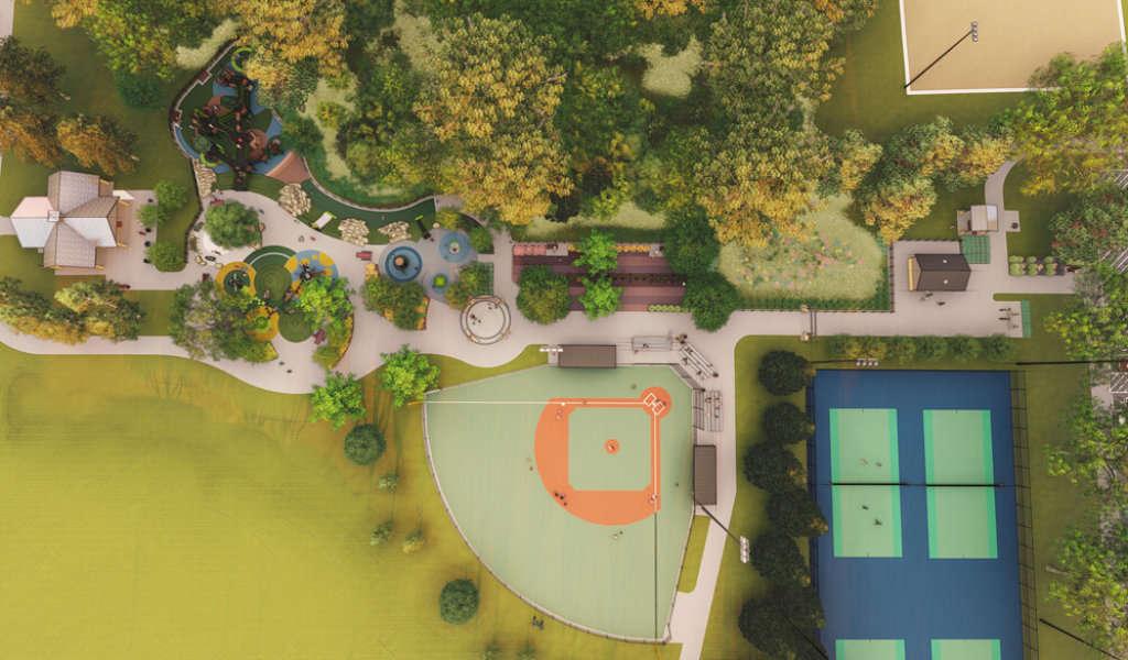 Aerial rendering of the Ames Miracle League playground, baseball field, and tennis courts.