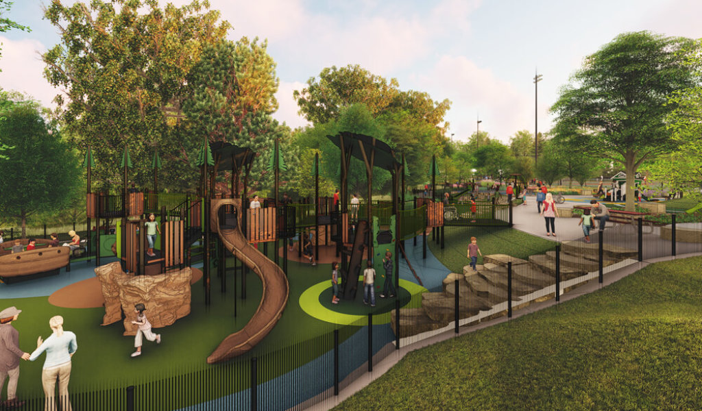 Rendering of a jungle gym playground with children playing.