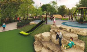 Rendering of playground with children and a large slide.