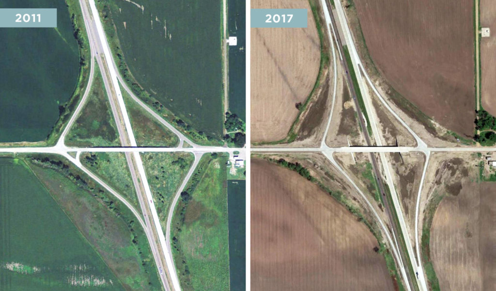 Aerial before and after image of a rural highway and interstate interchange system.