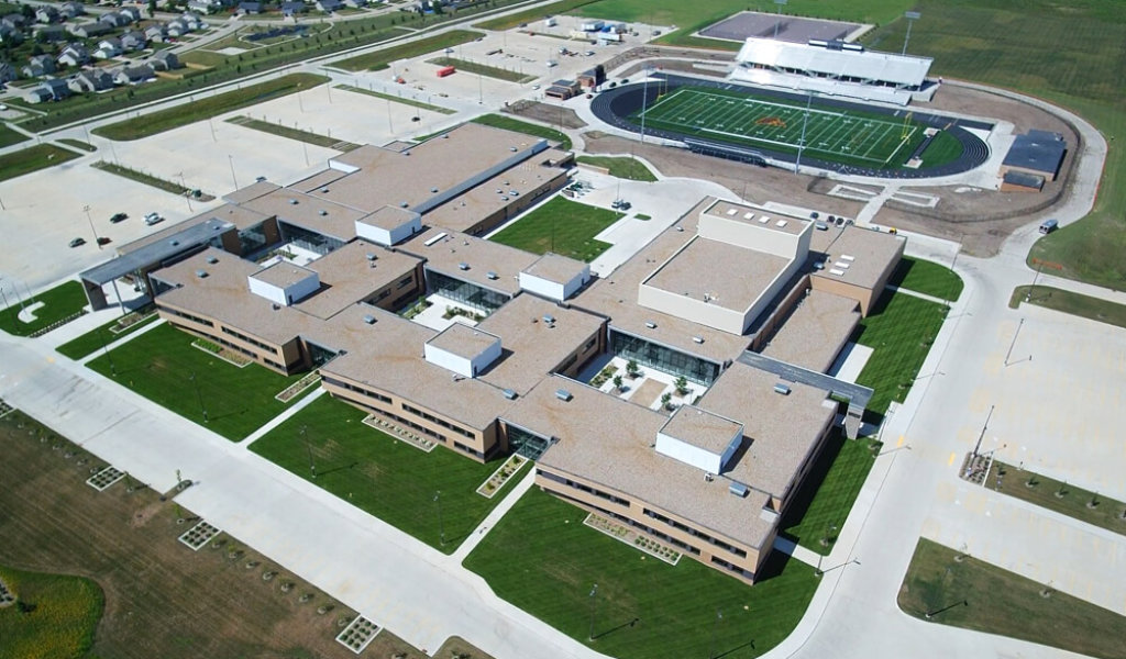 Drone image of Johnston High School and football field in Johnston, Iowa
