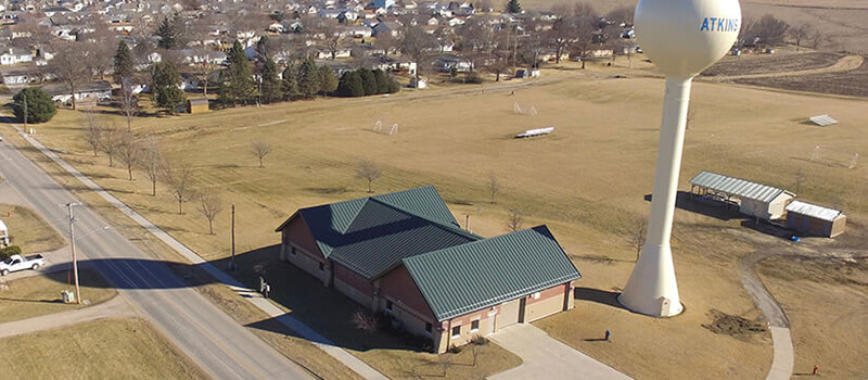 Aerial view of a reverse osmosis water treatment plant in Aktins, IA. A water treatment engineering service offered by Snyder & Associates, a civil engineering firm.