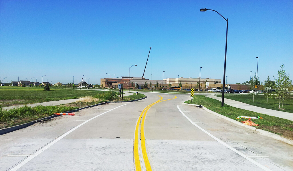 View looking across the new roundabout to the Southview Middle School