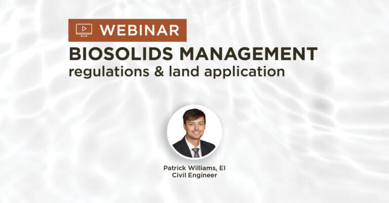 clear water background with title Biosolids management regulations and land application webinar