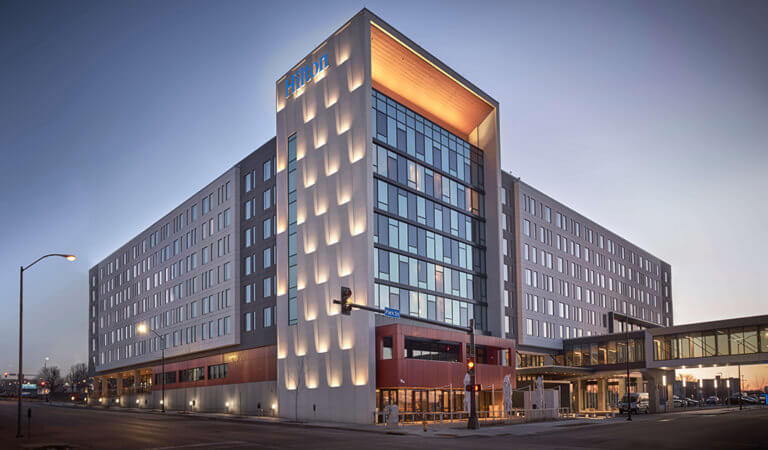 The exterior of the award-winning Hilton Des Moines Downtown hotel, which Snyder & Associates provided civil engineering services for.