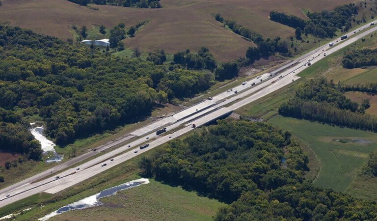 Overhead view of Interstate 35 bridges being constructed near Warren/Polk County line.
