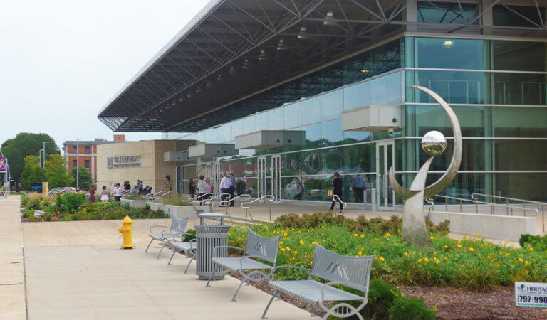 Street-level view of the front of the Quad-Cities Waterfront Convention Center