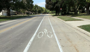 narrow lane on roadway designated for bikes