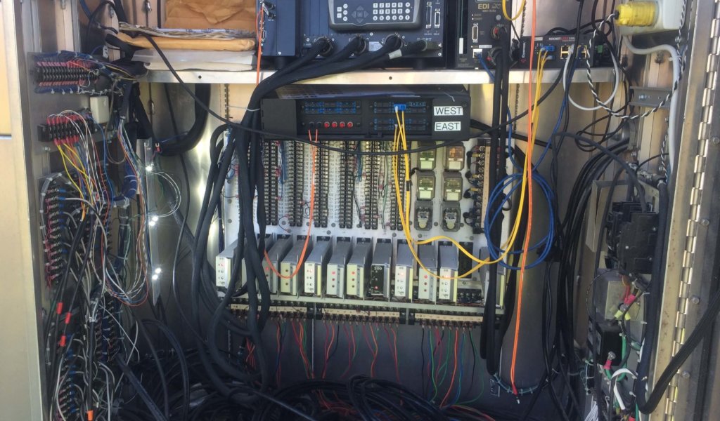 tons of multi-wires inside a box that controls traffic signals