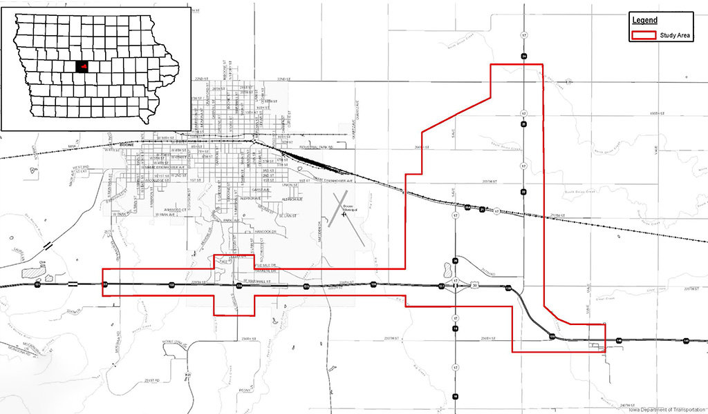 black and white map with project area outlined in red