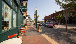 brick sidewalks in front of businesses
