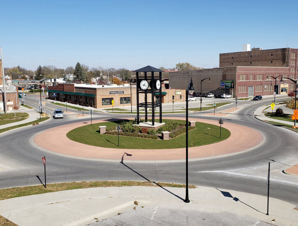 Aerial view of a recently complete roundabout in downtown Fort Dodge, IA.