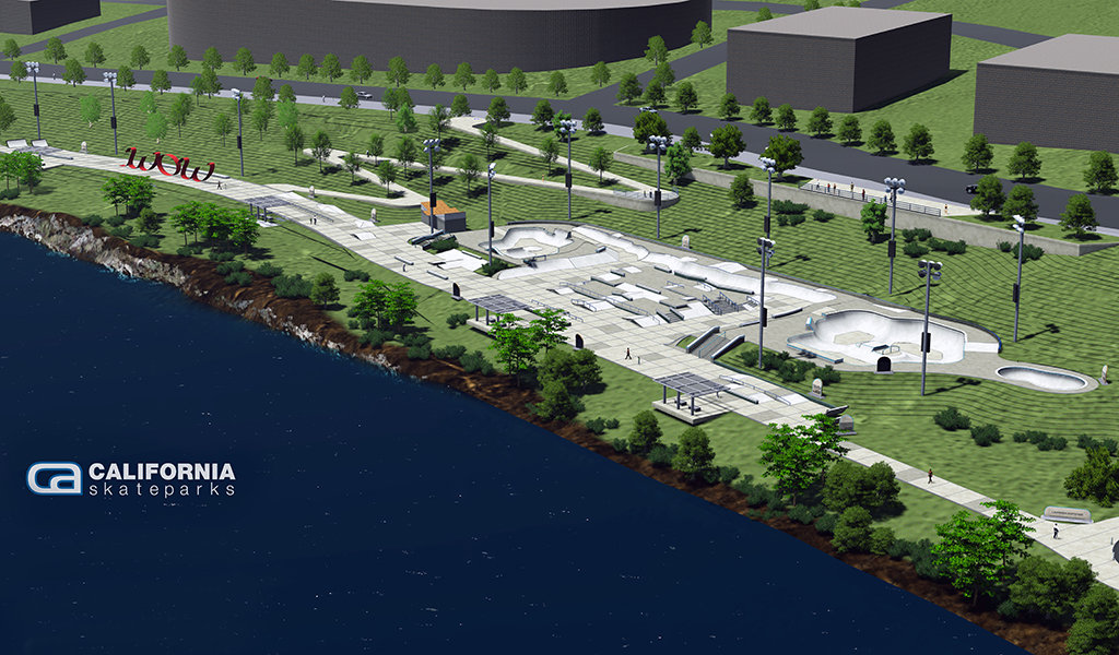 rendering of entire skate park next to river