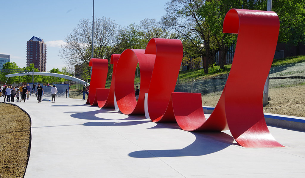 The skateable sculpture feature along the riverfront welcomes all to this new skating destination.