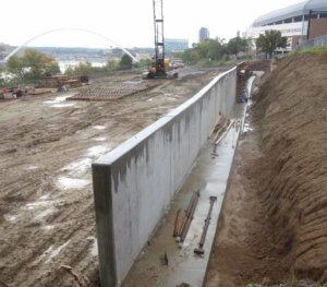 cement retaining wall in construction dirt