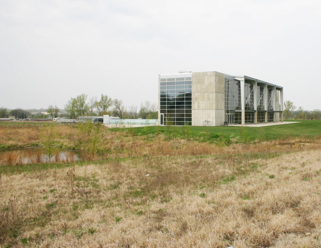 Detention pond controls the stormwater runoff for the University of Iowa Hall of Fame building