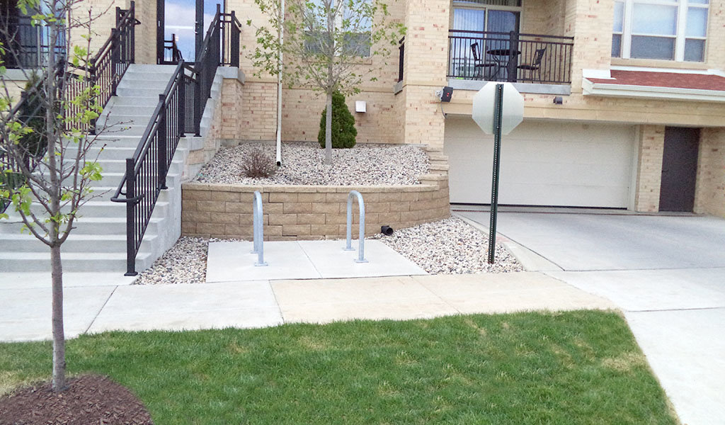 Underground parking entrance at the Pleasant View apartments courtyard in Madison, WI.