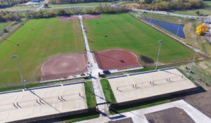 Aerial view of ISU southeast sports complex softball fields