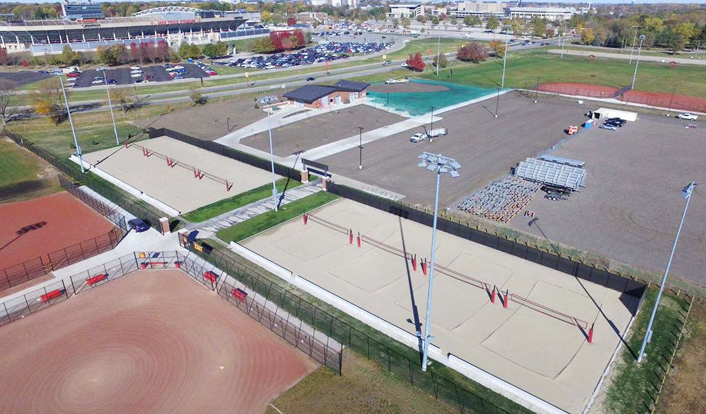 Aerial view of ISU southeast sports complex volleyball courts