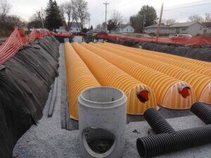 orange plastic stormwater detention vaults