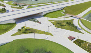 Aerial rendering of the new diverging diamond interchange at Hickman Road and Interstate 35/80.