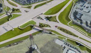 Aerial rendering of Hickman and Interstate 35/80 diverging diamond interchange.