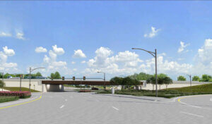 Street level rendering of Hickman and Interstate 35/80 diverging diamond interchange.