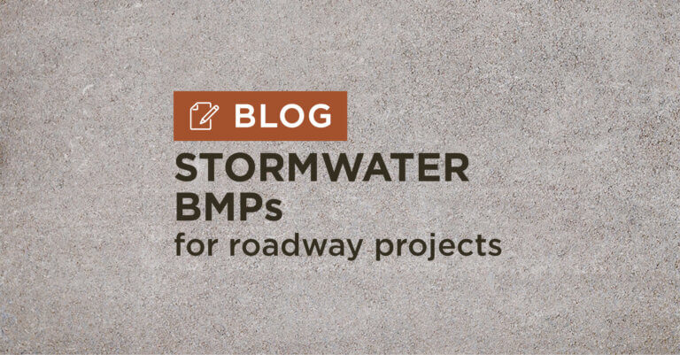 tan gravel background with title stormwater BMPs for roadway projects blog