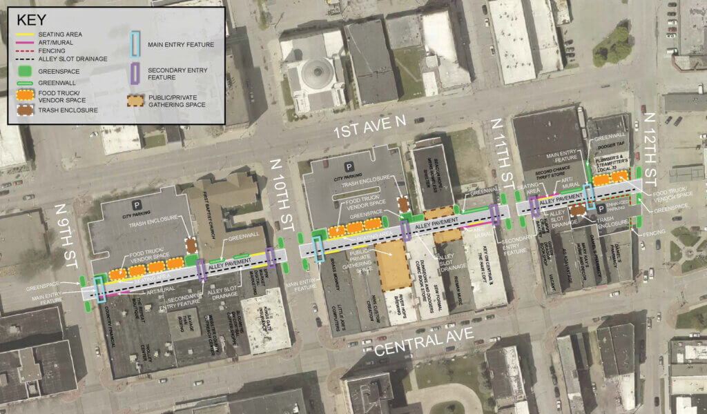 Plans showing the upgrades and improvements to transform 3 alley ways in Fort Dodge, IA.