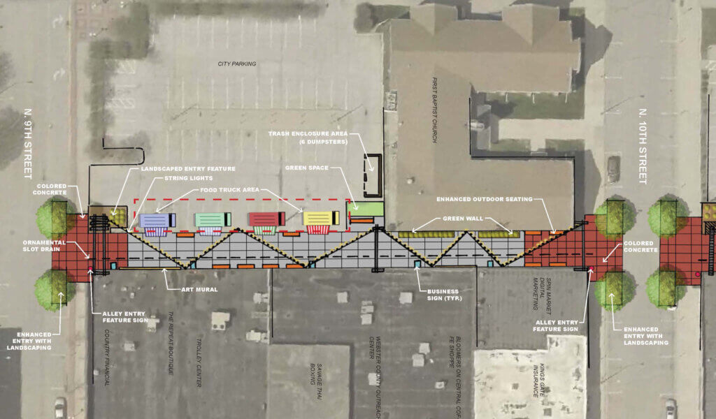 Overhead deception showing numerous amenities the design team proposed for the Merrill Alley section of this project