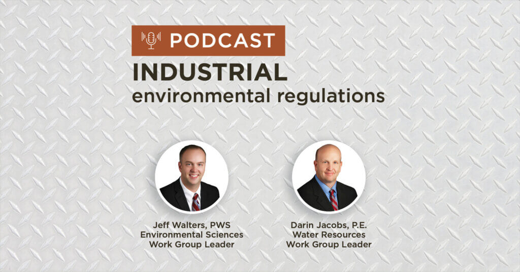 grey metal structure background with title industrial environmental regulations podcast