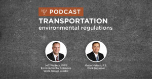 dark grey road background with title transportation environmental regulations podcast