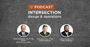 dark grey road background with title intersection design and operations podcast