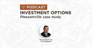 background of white and grey map plan with title investment options pleasantville case study podcast