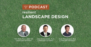 green turf background with title resilient landscape design podcast