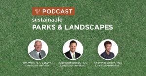 green turf background with title sustainable parks and Landscapes podcast