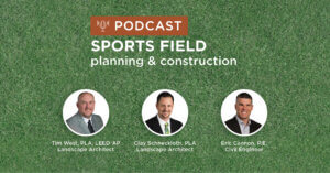 green turf background with title Sports Field Planning & Construction podcast