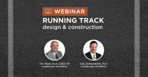 track turf background with 2 parallel lines background with title Running Track Design & Construction webinar