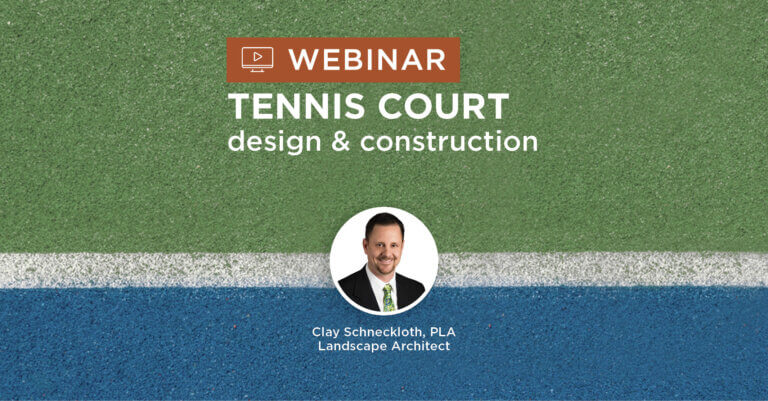 tennis court green and blue background split in half with white horizontal line with title Sports Surfaces: Tennis Court Design & Construction podcast