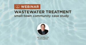 blue water background with title wastewater treatment small Town community case study webinar