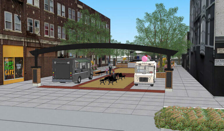 This rendering shows several design ideas that would allow food trucks to inhabit the space for community events