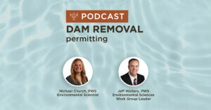 blue water background with title Dam Removal Permitting Requirements & Regulatory Coordination podcast