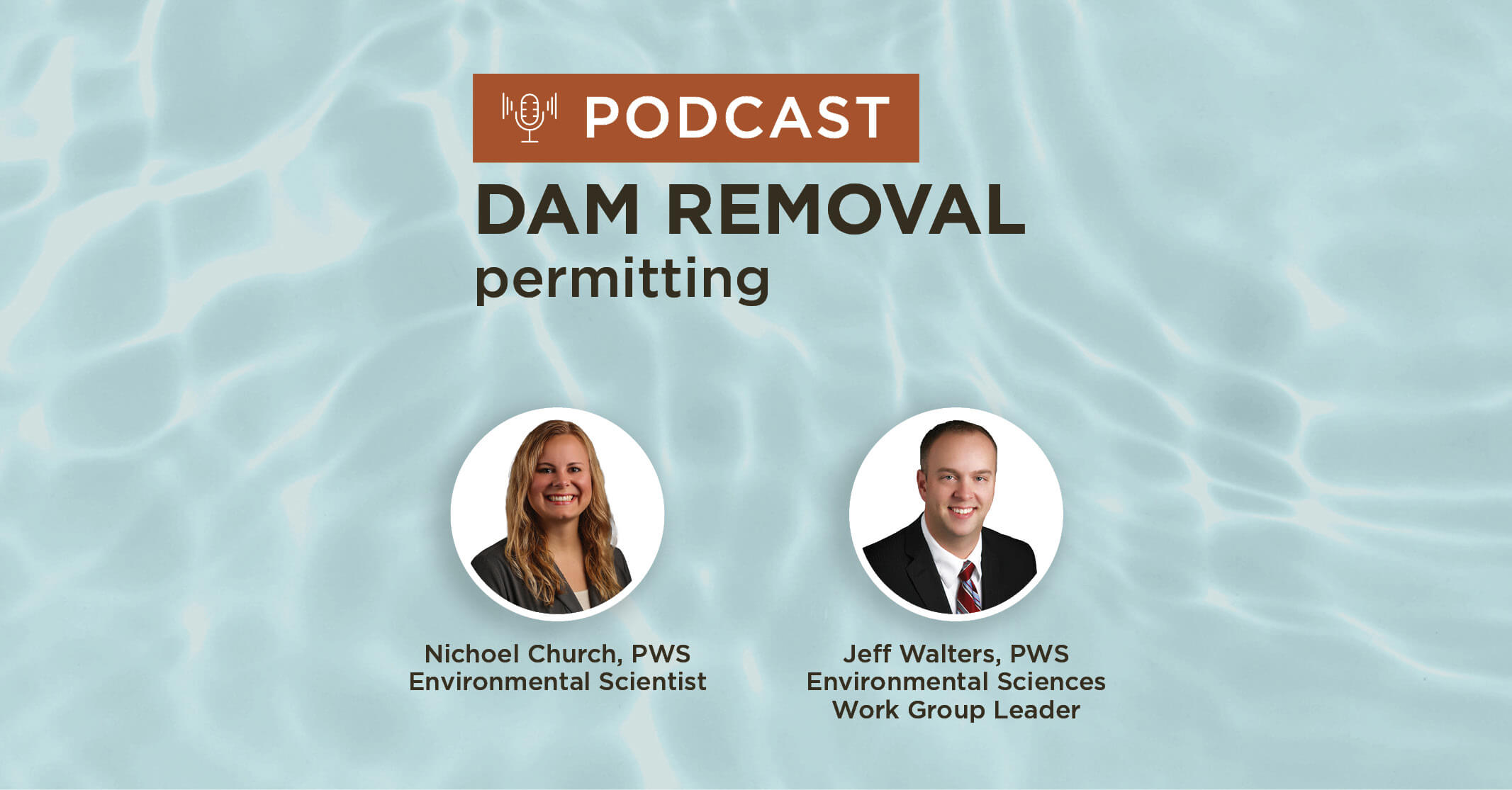 blue water background with title Dam Removal Permitting Requirements & Regulatory Coordination podcast graphic featuring Nichoel Church and Jeff Walters