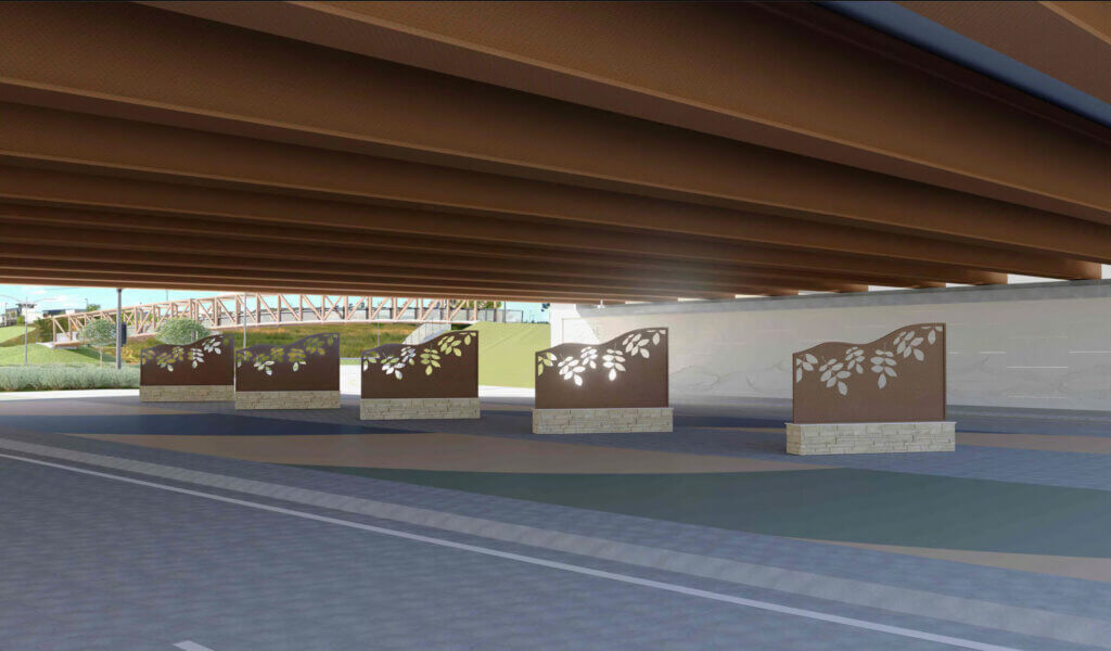 Median treatment rendering underneath Interstate 35/80 diverging diamond interchange bridge.
