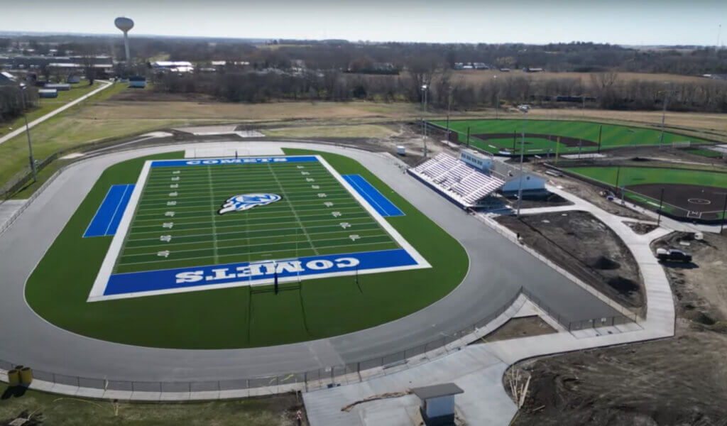 Aerial image of WLCSD new football field and track.