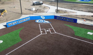 Close up aerial image of the backstop area at the new WLCSD athletic complex.