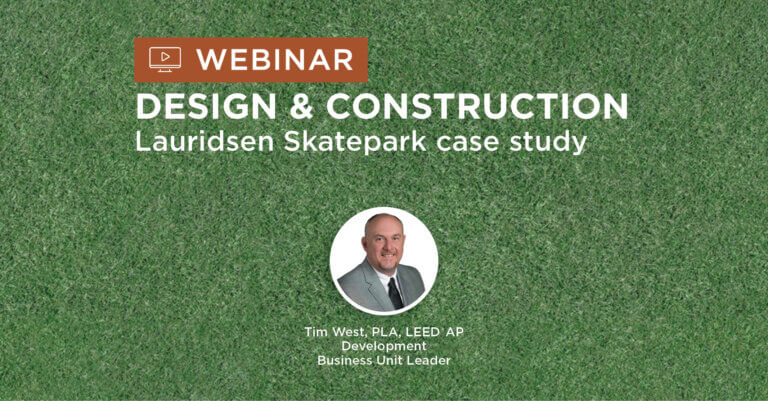 green turf background with title Lauridsen Skatepark Planning and Design webinar